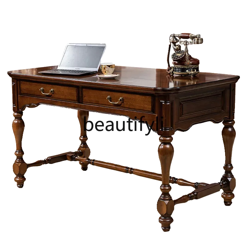 

All solid wood desk simple study walnut computer writing desk European-style villa retro desk