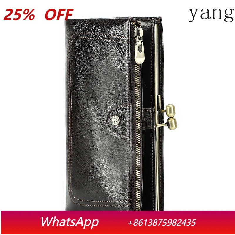 

Genuine Leather Wallet Women Long Metal Frame Credit Card Holder Hasp and Zipper Woman Coin Pocket Purse