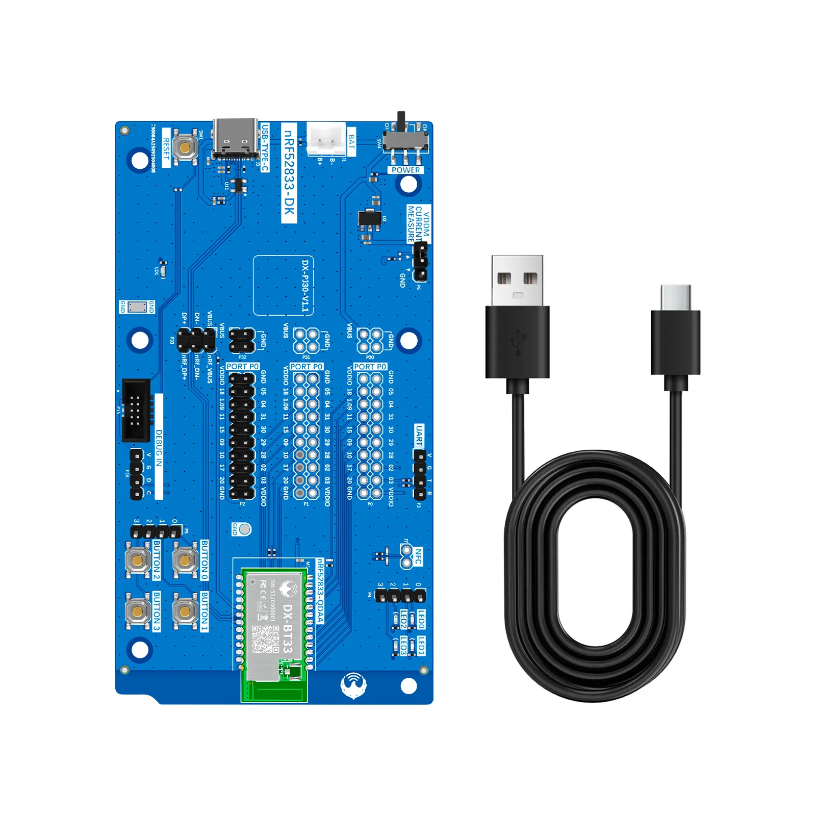 

Nordic nRF52833 BLE 5.1 Bluetooth Development Board – BT33-P Integrated PA Amplifier Up to 233.4m, Programmable Buttons