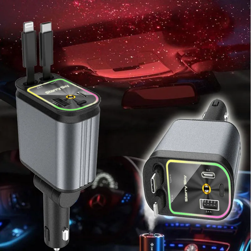 

4 in 1 Car Charger Retractable Charging Cable USB TypeC Fast Charger with Star light For IPhone Xiaomi Huawei Samsung