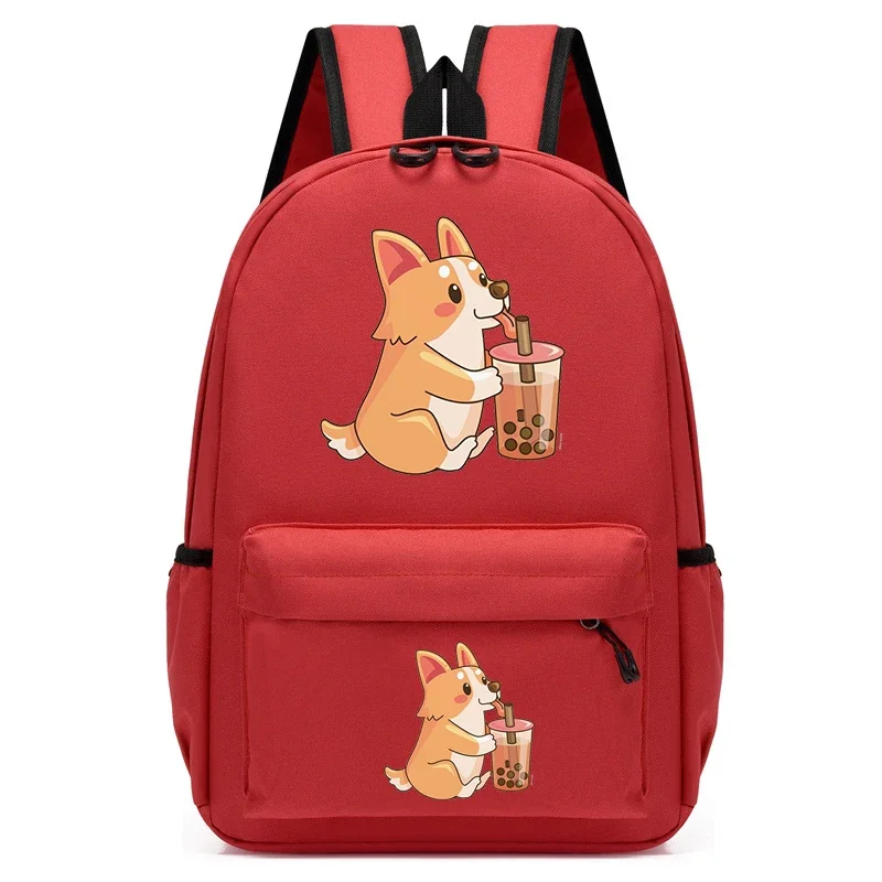 Cute Corgi Boba Print Backpack para estudantes, saco de computador, Anime Cartoon Bagpack, Travel Knapsack, moda