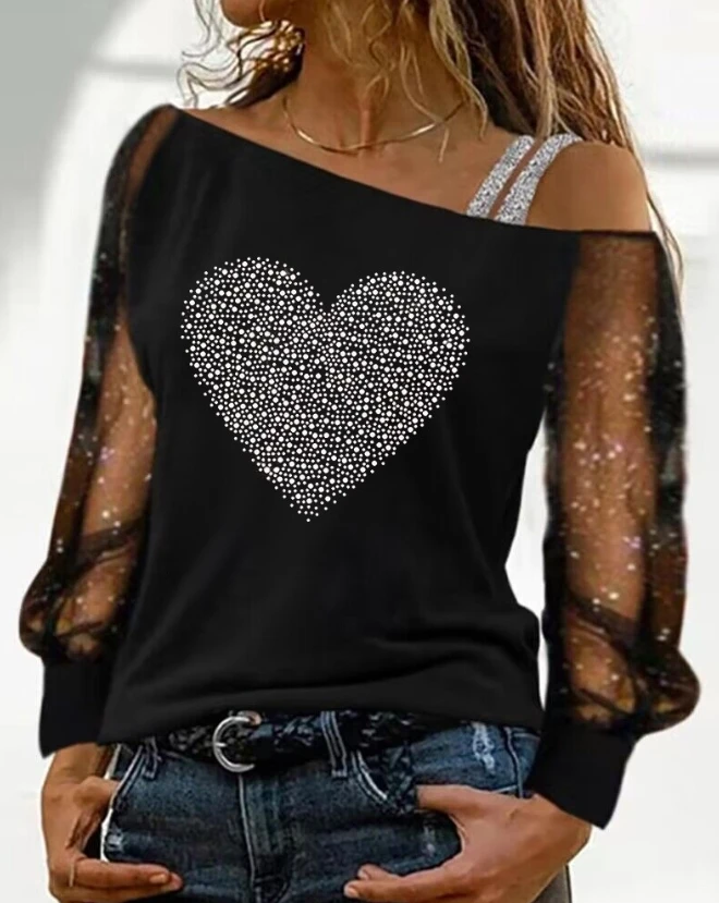 Elegant Blouse for Women 2024 Summer Fashion Blouse Long Sleeve Rhinestone Heart Pattern Glitter Mesh Patch Loose Pullover Top