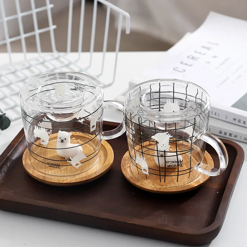 Cute 3D alpaca glass mug with bamboo lid,Heat-resistant glass mugs  Morning Mug Milk Coffee Tea Breakfast Cup for gifts