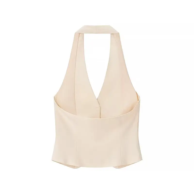 KONDALA Chic Beige Woman Streetwear Vest Sleeveless Neck-mounted Single Breasted Tops Fashion 2025 Summer High Street Tank Tops