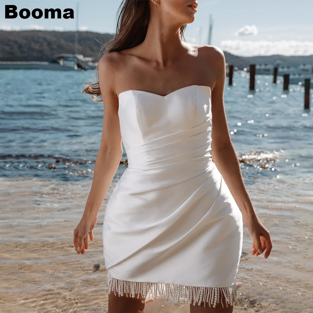 

Booma Short Mermaid Wedding Party Dresses Sweetheart Sleeveless Pleats Brides Gowns for Women Pearls Bow Bridals Gowns