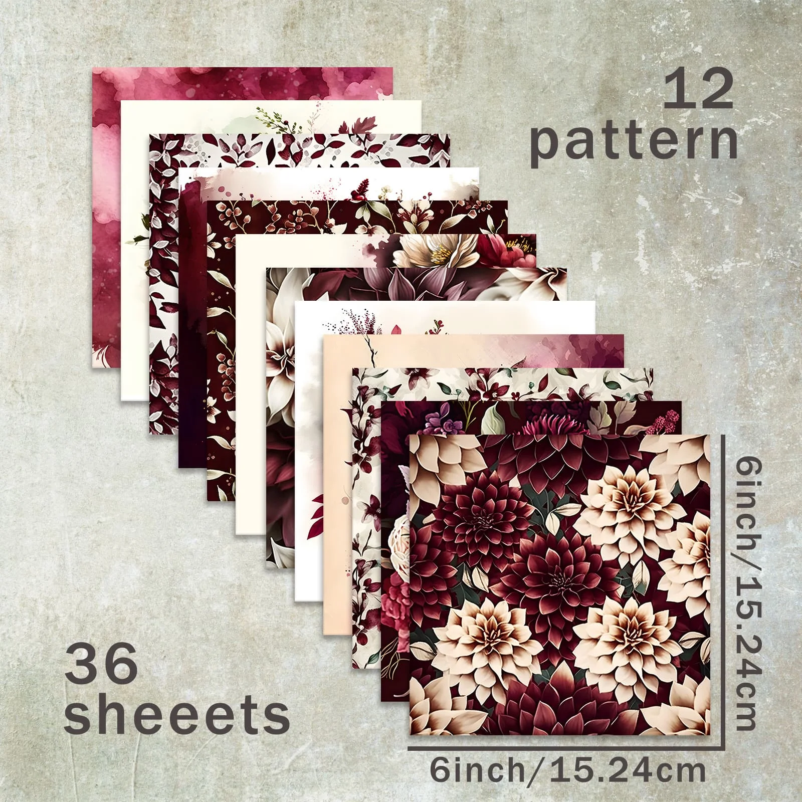 36 Sheets 6inch (Dark Red Flower Pattern) Clipping Thin Paper for Bullet Diary, Junk Magazine, Greeting Card Background
