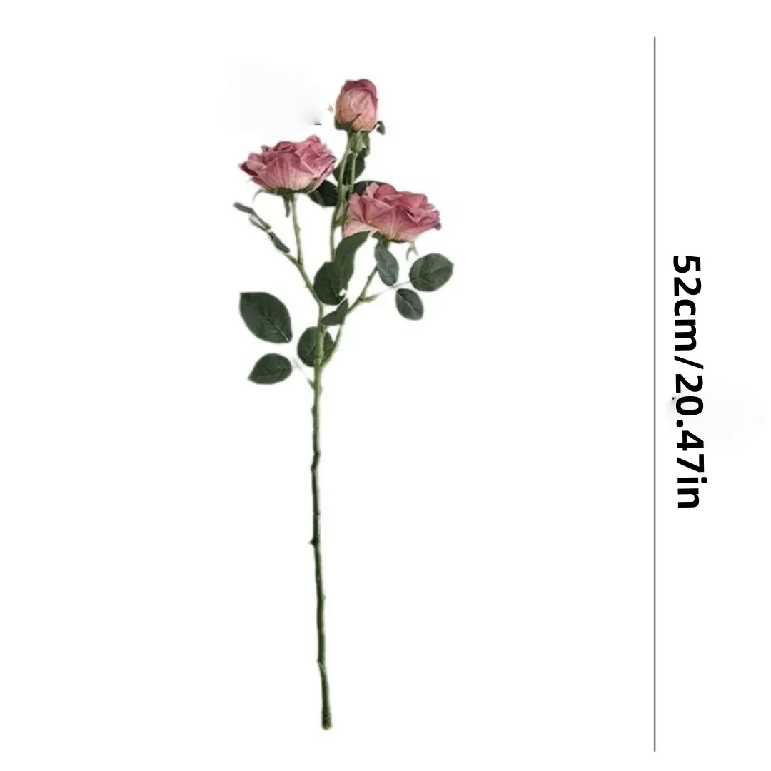 1pc Vintage Fake Flower Elegant Multi Head Rose Flower Simulation Flower Dramatic 3-Head Burnt Edge Rose For Living Room Centerp
