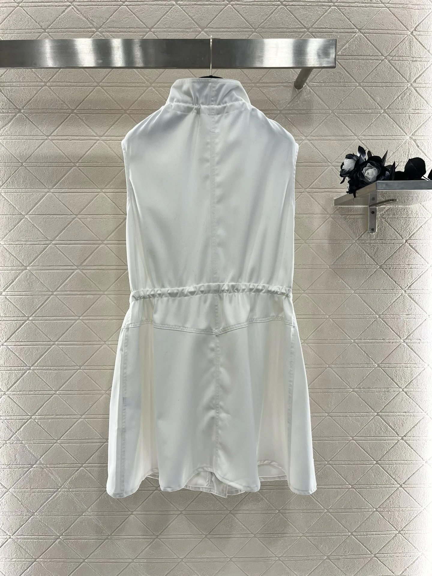 EVACANDIS Sleeveless Women Solid Mini Dress Tunic Double Pockets High Quality White Women Zipper Drawstring Elegant Office Lady