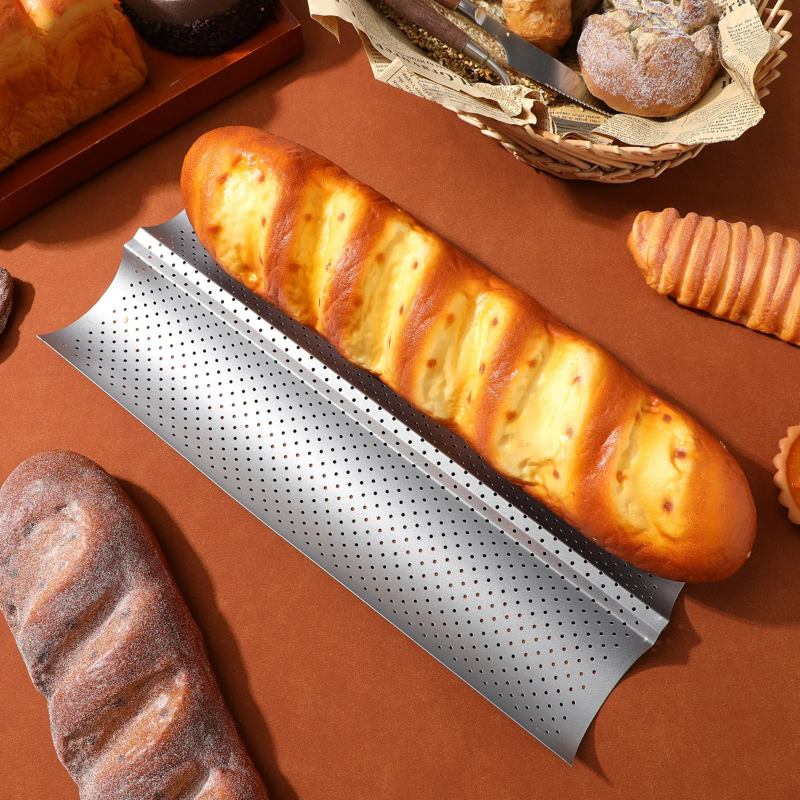Wave Bread Stick Baking Tray M 3 Slots Silver Premium Mold for Baguette French Bread Kitchen Baking Tool Wave Stick