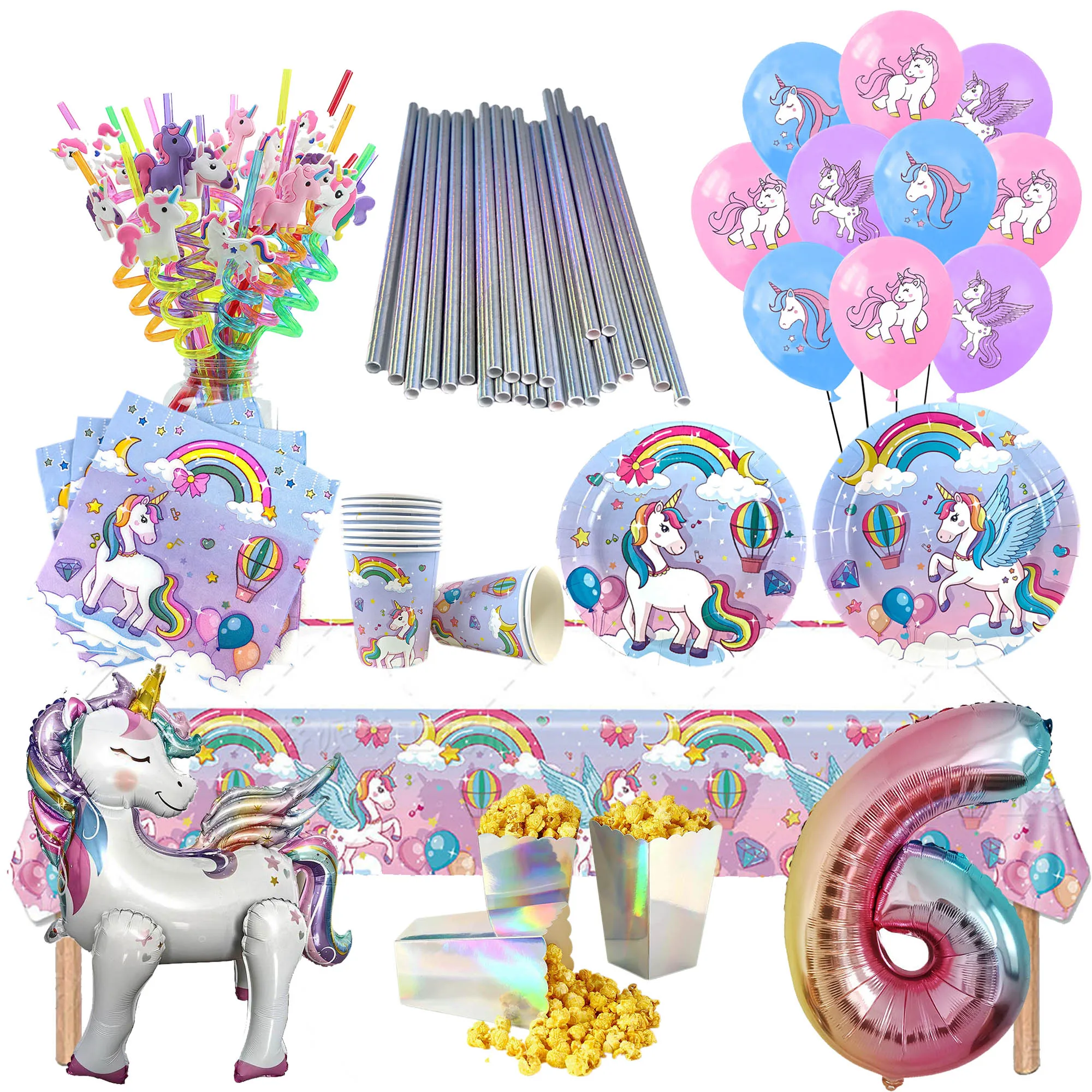 Paarse Eenhoorn Verjaardagsdecoratie Eenhoorn Folie Ballon Borden Servetten Cups Laser Regenboog Rietjes voor Meisjes Eenhoorn Thema's Feest
