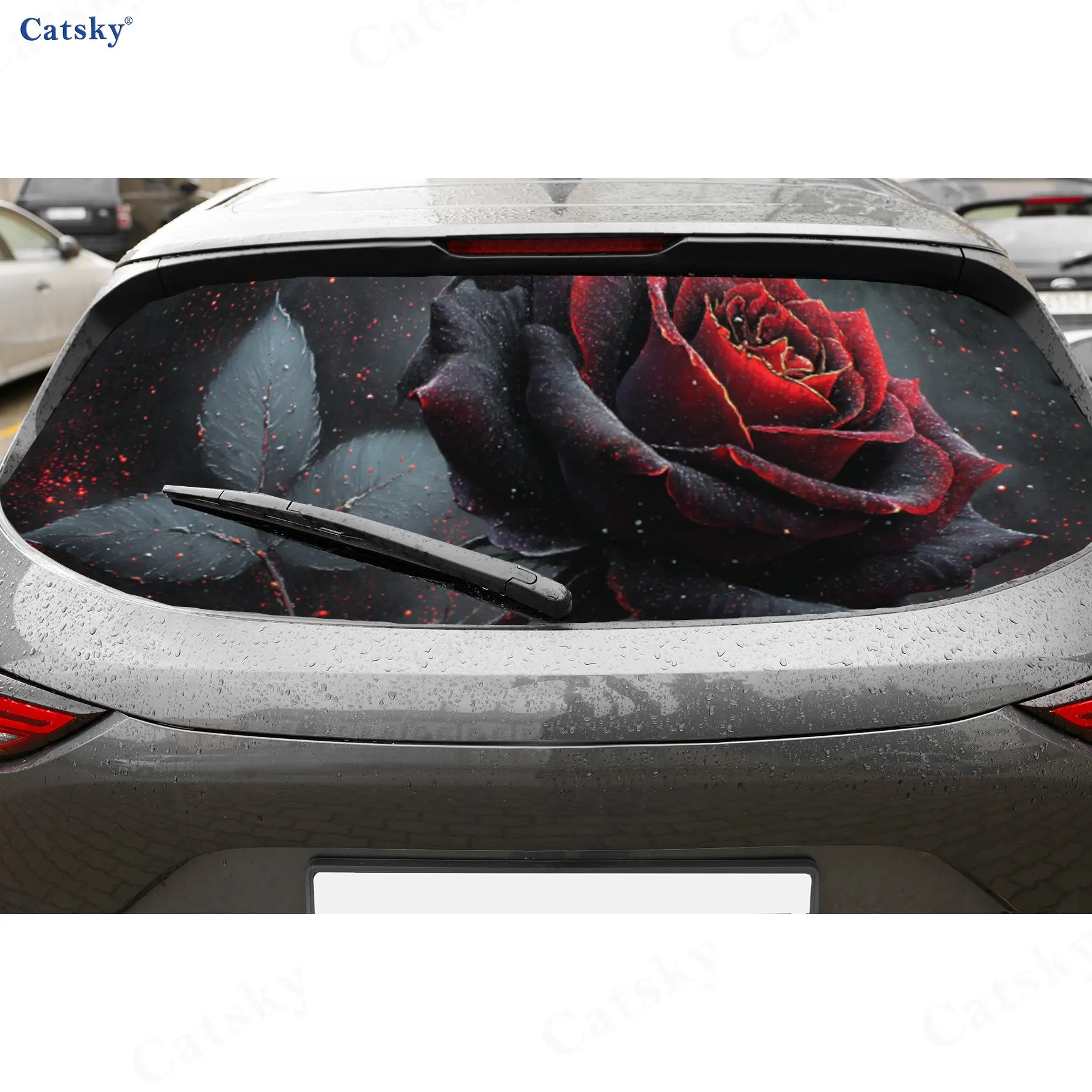 

The Blooming Dark Red Rose Flame PVC Perforated Car Vinyl Wraps, Durable Car Rear Windshield Sticker, Waterproof Car Rear Window