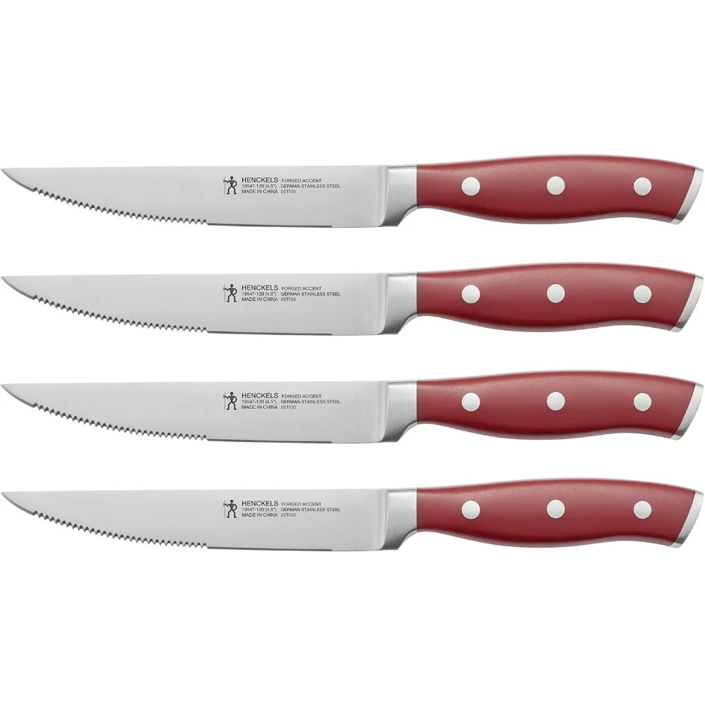 

German Engineered Henckels Forged Accent 4-Piece Razor-Sharp Steak Knife Set in Red, Crafted with Over a Century of Expertise