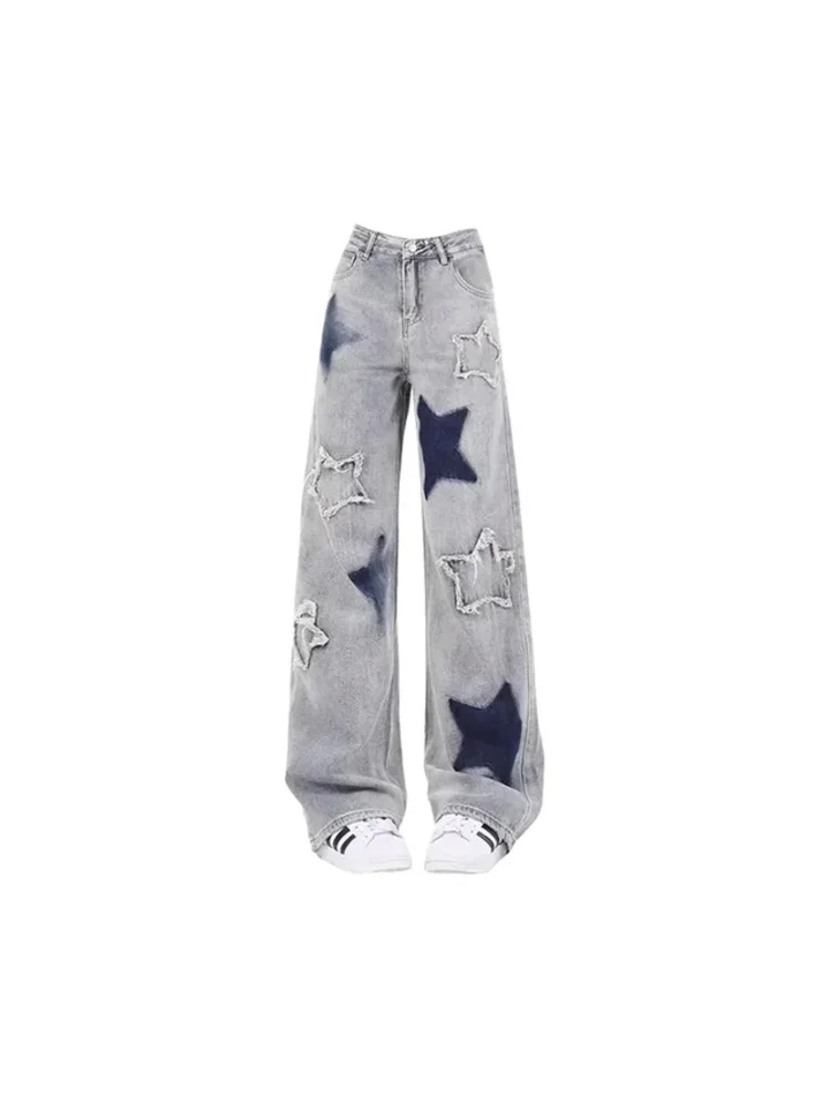 Women's Vintage Blue High Waist Star Jeans Korean Y2k 90s Aesthetic Baggy Denim Trouser Streetwear 2000s Wide Leg Pants Clothes