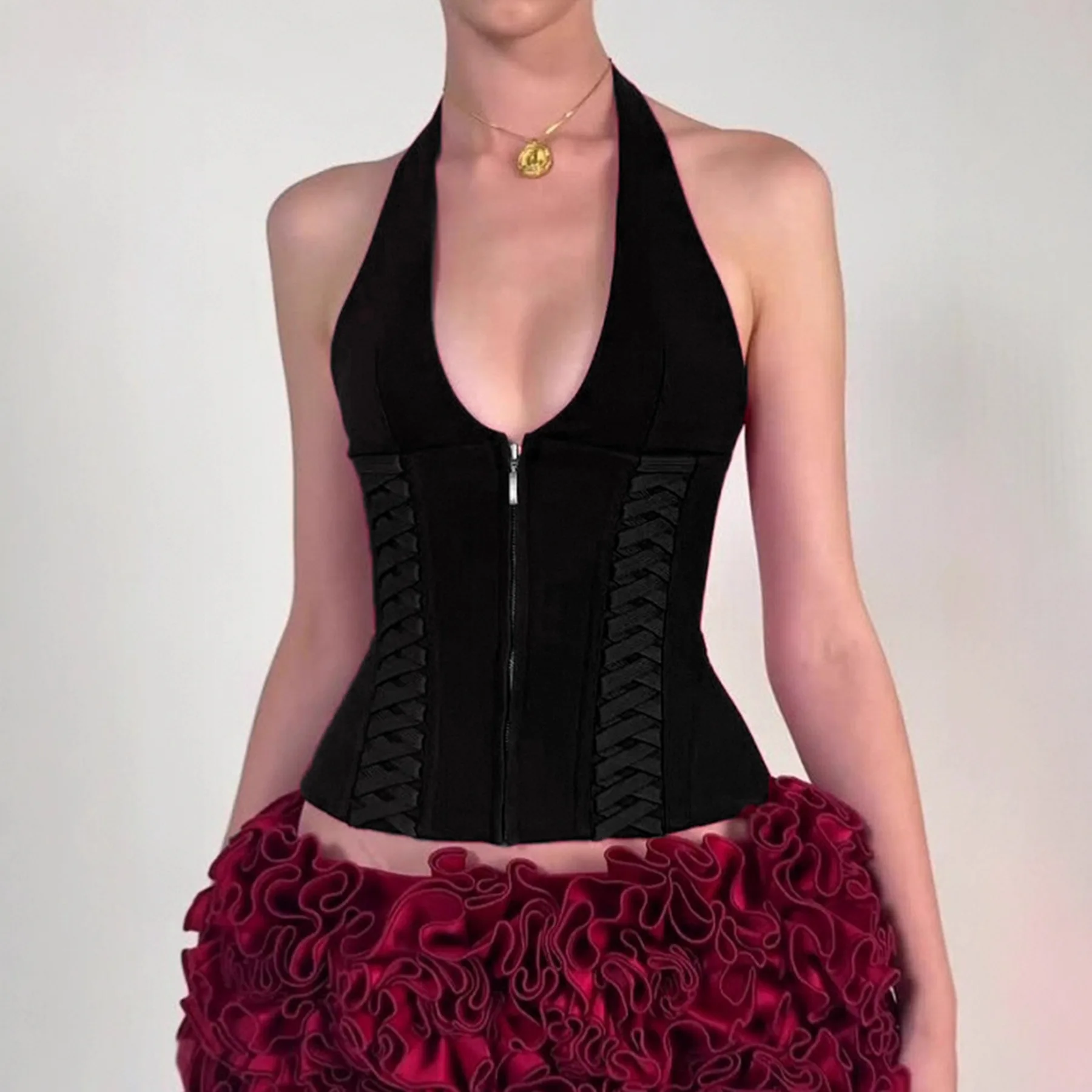 المألوف وصول جديد INS ستار جيني حزام مثير البنطال القصير العميق الخامس الرقبة معلقة الرقبة سترة عالية مرونة مريحة نمط الشارع