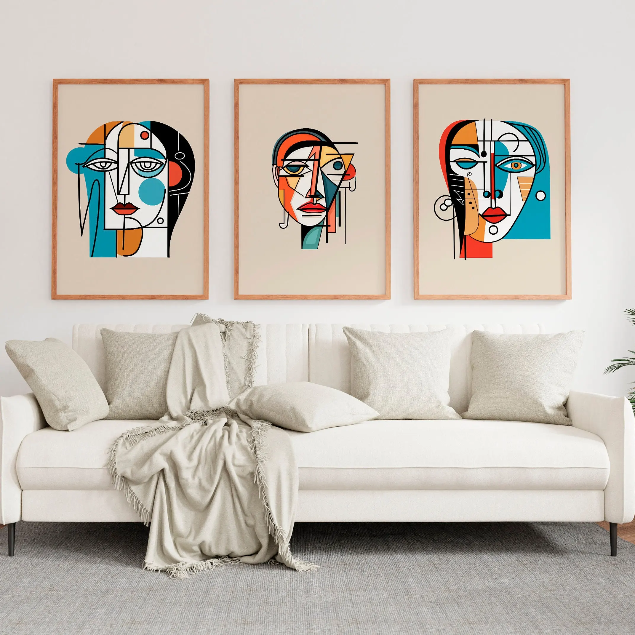 3pcs frameless Canvas Painting Vintage Artist Print Canvas Painting Picasso Set of 3 Faces Line Wall Art Inspired Art Picasso Ga