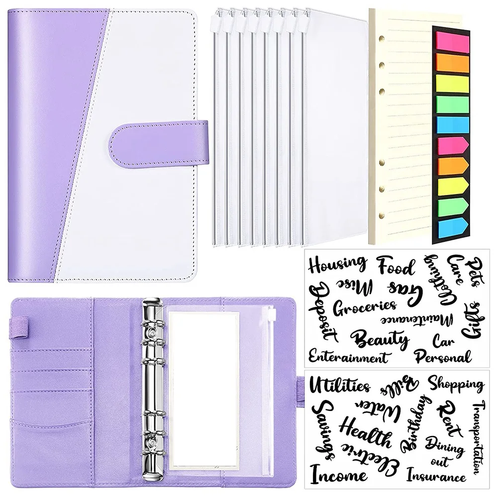 

A66F-A6 PU Notebook Binder Budget Planner Organizer Letter Sticker Cash Budget Label Pocket Loose Leaf Paper Neon Page