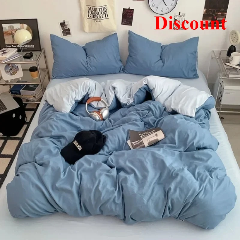 

2025 new can sleep naked washed cotton solid color sheets student dormitory simple double-spell four-piece bedding