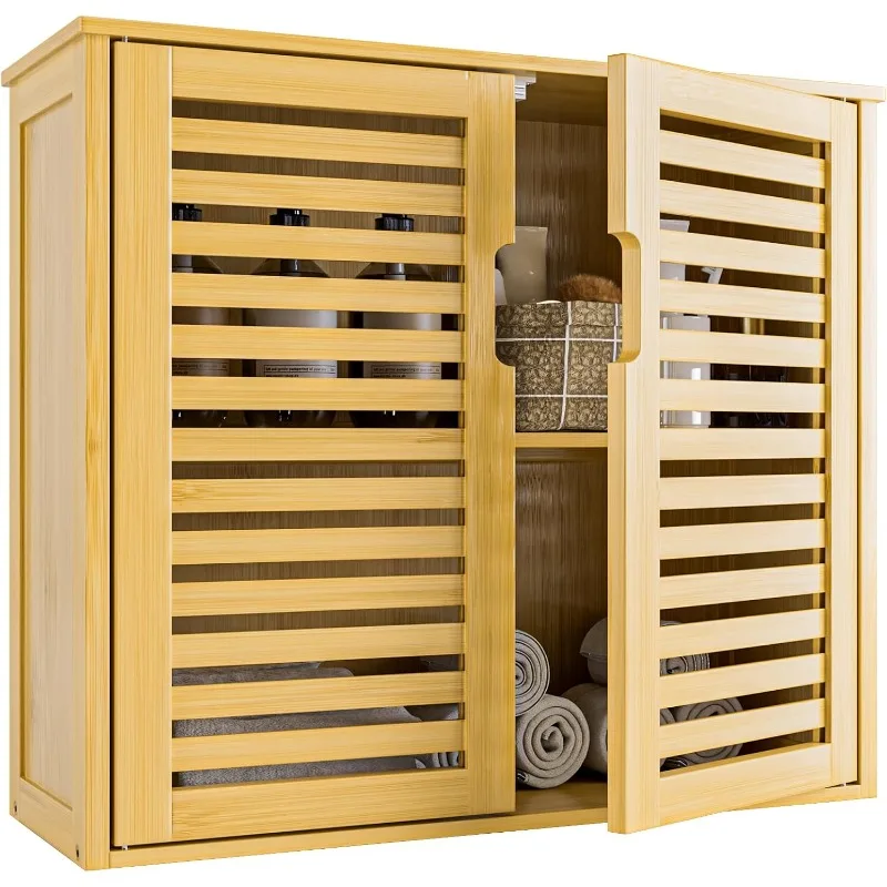 Bathroom Wall Cabinet, Medicine Cabinet Over The Toilet, Bamboo Hanging Storage Organizer with 2 Doors and Adjustable Shelf