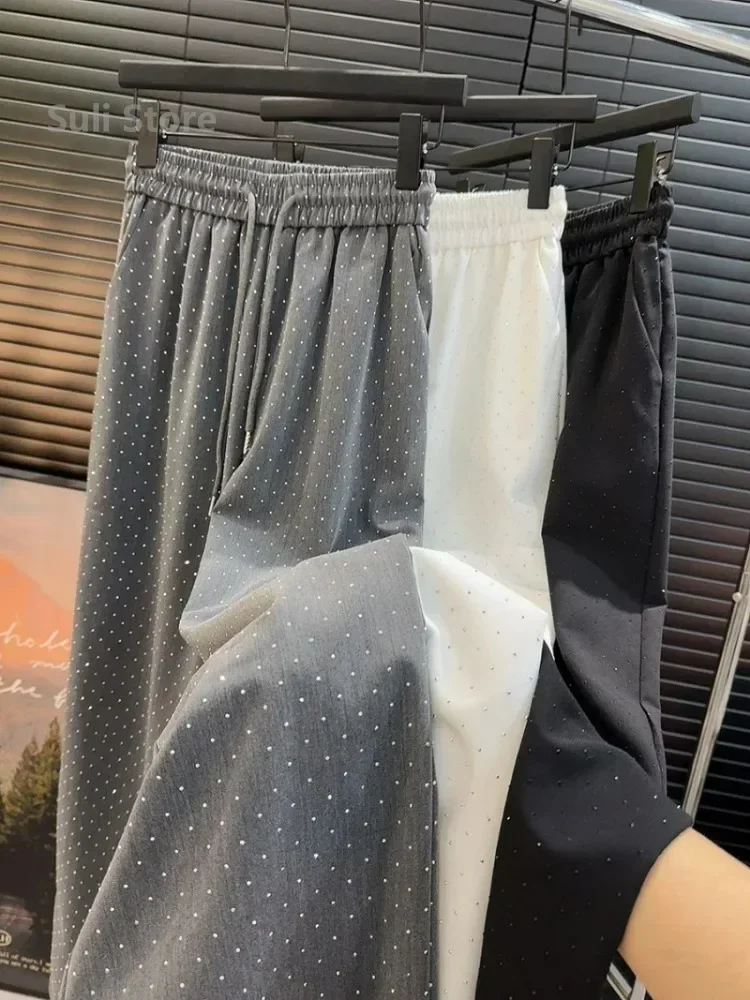 2024 nuove donne primavera estate pantaloni di fascia alta perline pantaloni dritti larghi Pantalones Mujer moda coreana Streetwear