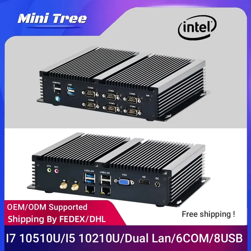 Mini computer industriale senza ventola 6xRS232 Porte COM Core i7-10510U 7510U i5-8260U HD VGA 2xLan 4G SIM Win10 Linux Mini PC robusto