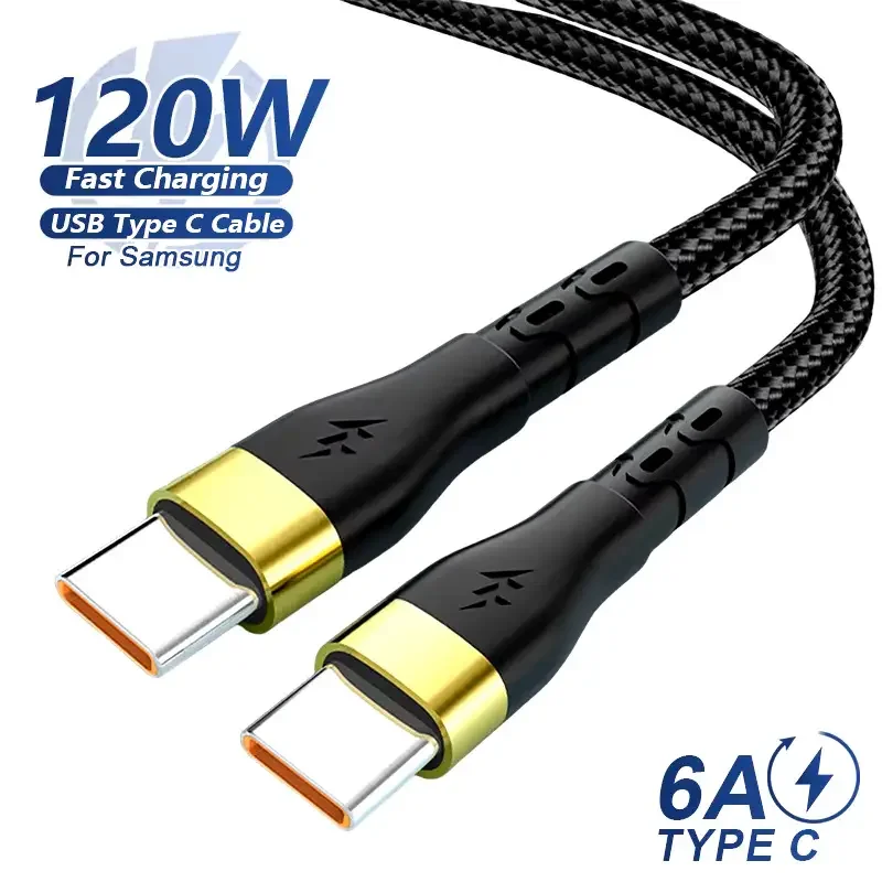 USB-C to Type-C 120W 6A Braided Fast Charging Cable High Speed Charger Cord Durable Data Transfer Wire for iPhone Xiaomi Samsung