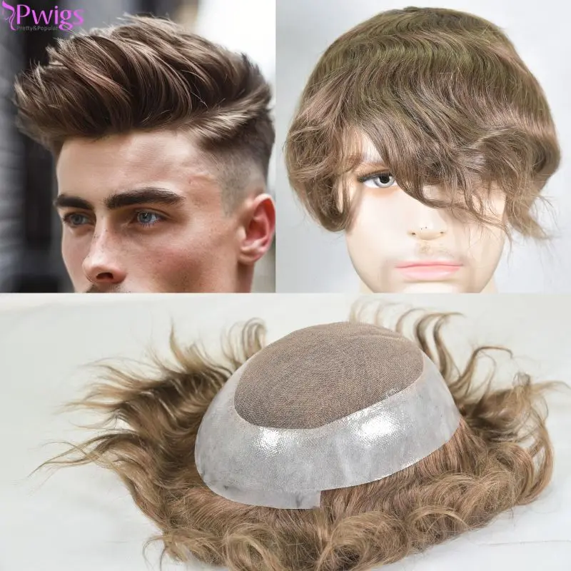 Pwigs Men's Toupee Durable PU Skin Base with Soft Swiss Lace Hairpiece 100% Human Hair Toupee for Men 7# Light Brown Hair System