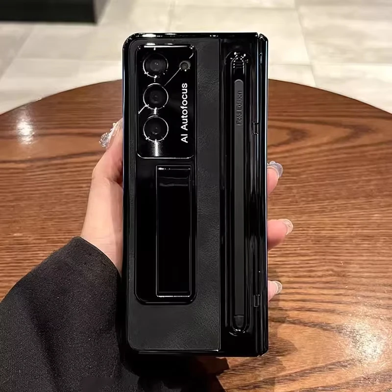 Leather Bracket Pen Slot With Stylus Case For Samsung Galaxy Z Fold 8Ultra 8Wide 7 6 5 5G Glass Screen Hinge Protection Cover