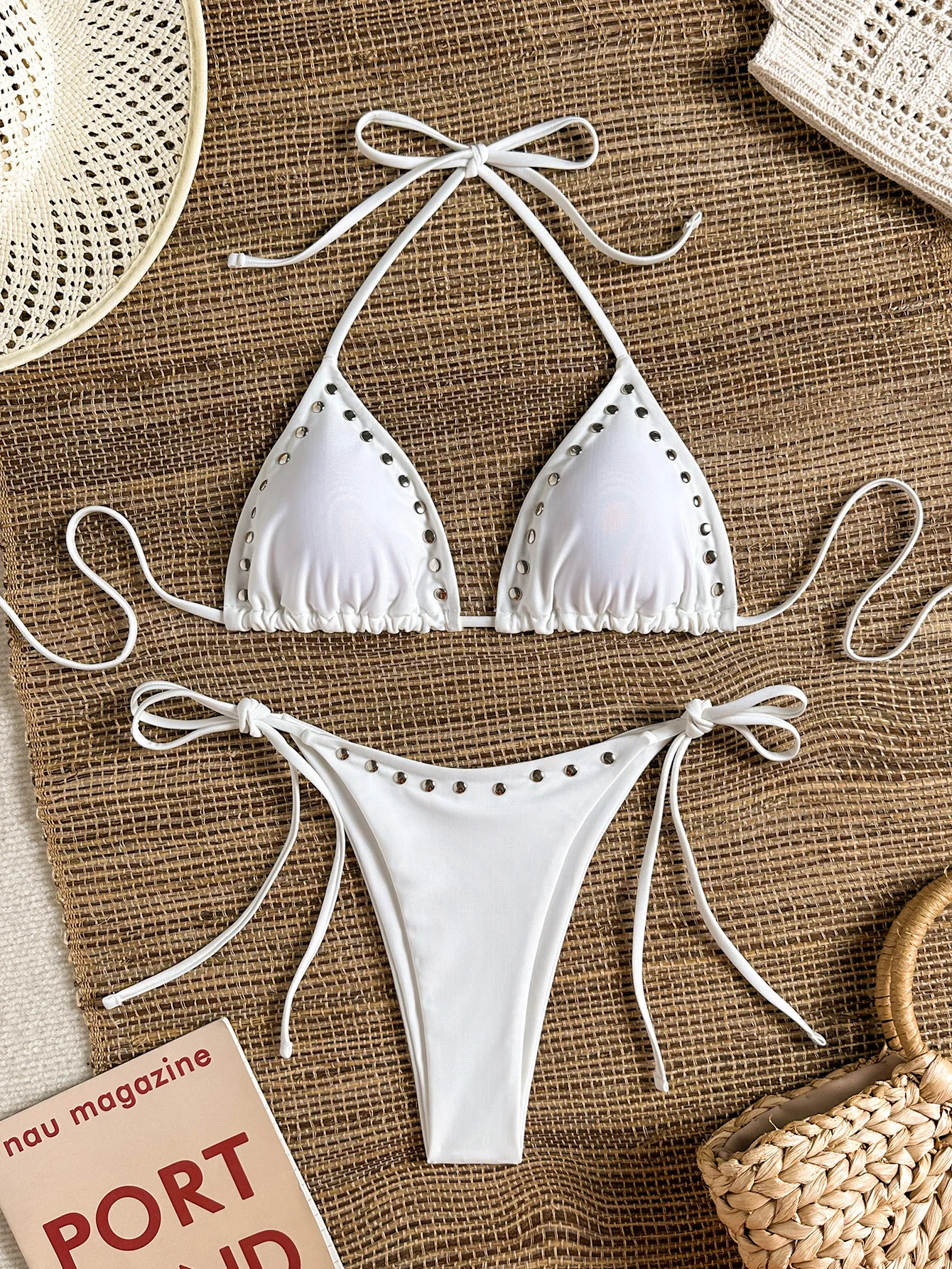 Sexy Rivet Bikini Set 2026 Women White Black Halter Push Up Bra Tie Side Thong Swimsuit Bathing Suit Holiday Micro Swimwear