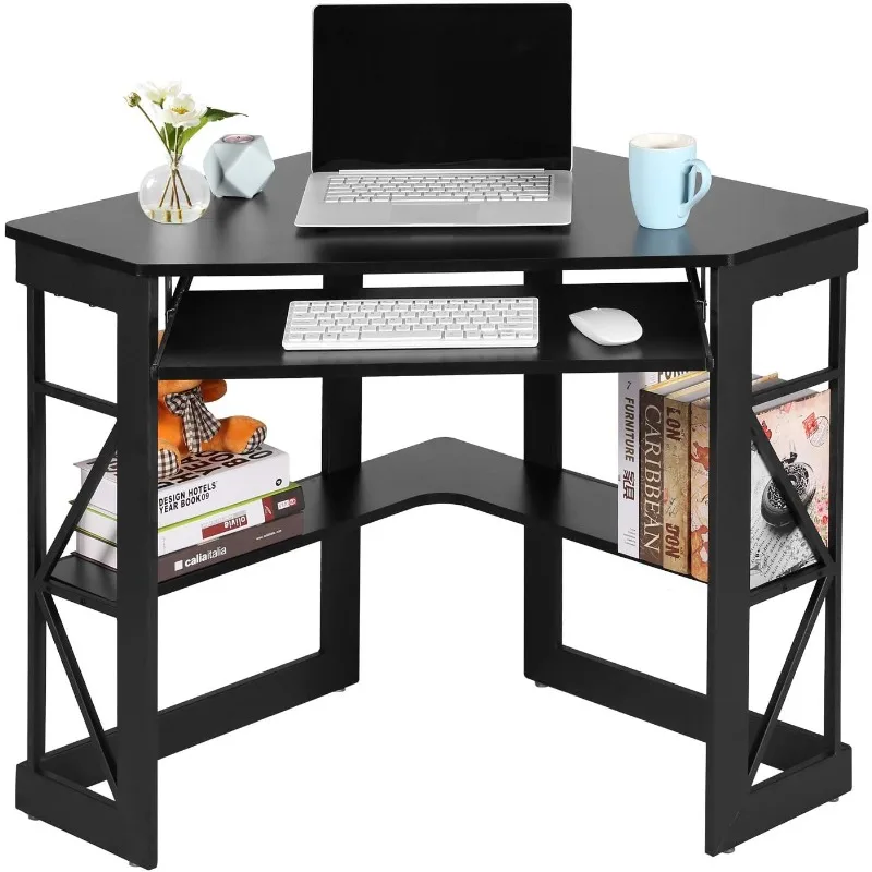 

Corner Computer Desk 41 x 30 inches with Smooth Keyboard & Storage Shelves for Home Office Workstation, Black