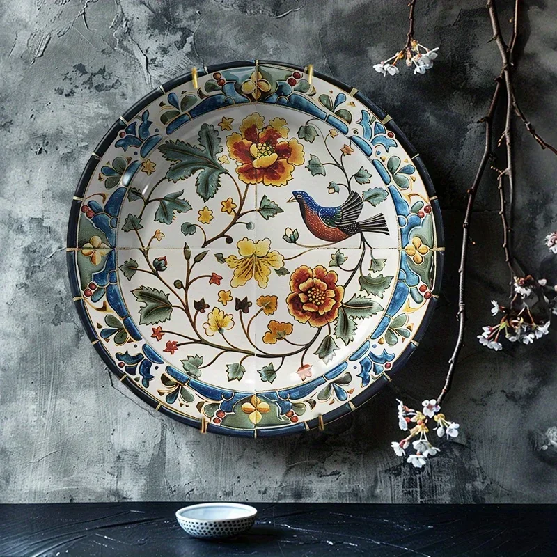 1pc Exquisite Hand-Painted Ceramic Decorative Plate with Birds and Flowers, Artistic European Vintage Home Ornament, Wall