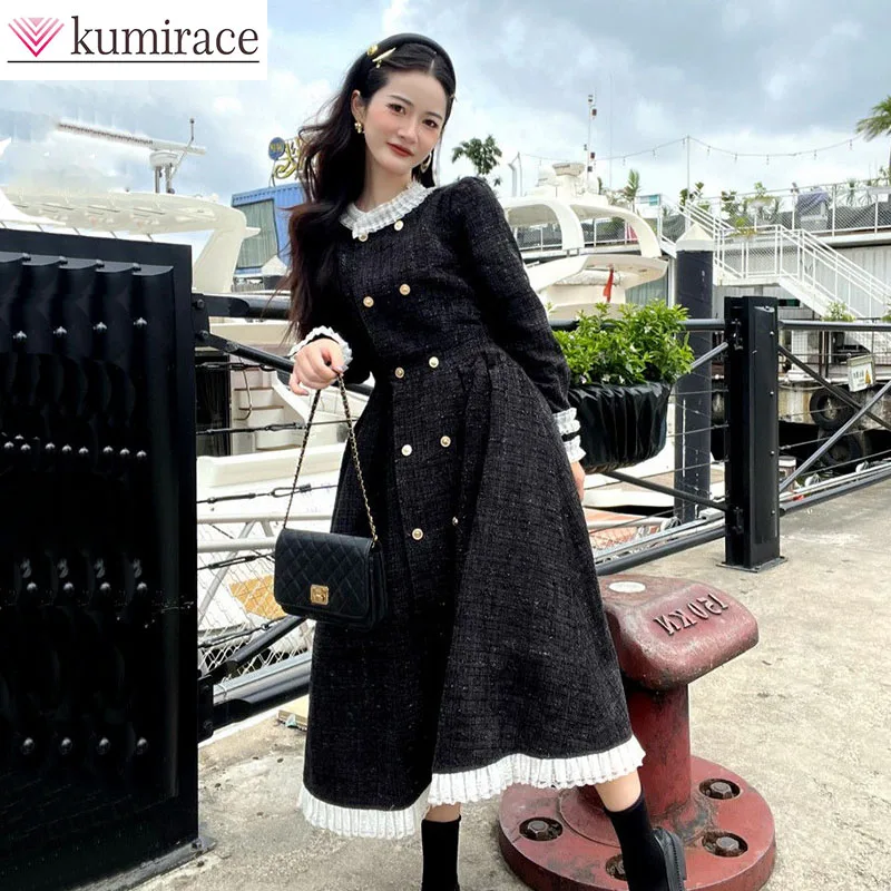 

French Style Elegant Small Fragrant Dress Autumn and Winter Hepburn Style Small Black Dress with Waist Cinching Long Skirt