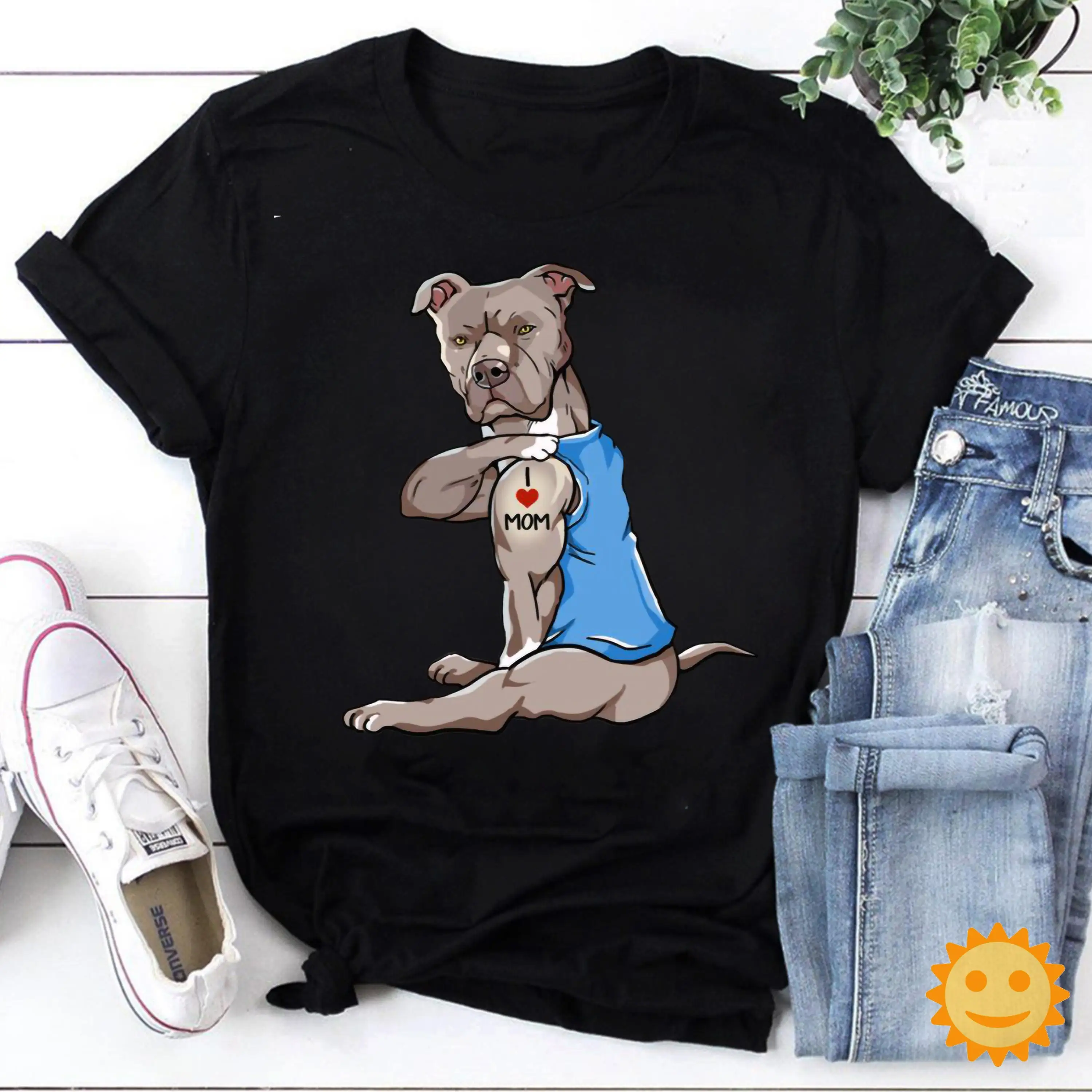 Black Pitbull Tattoos I Love Mom Vintage T Shirt Mothers Day Mother'S Dog Lovers