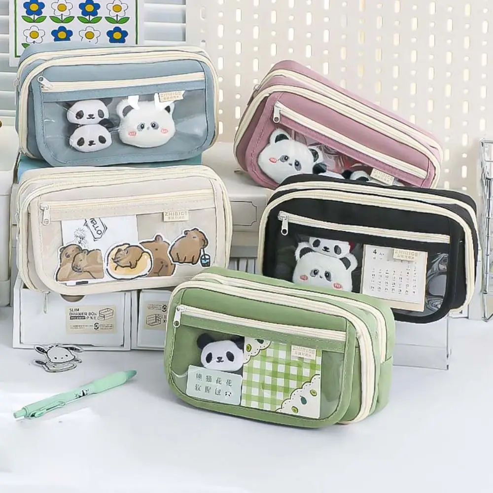 Large Capacity Panda Pencil Cases Multifunctional Portable Cartoon Pencil Case With Front Pocket Panda Stationery Storage Bag