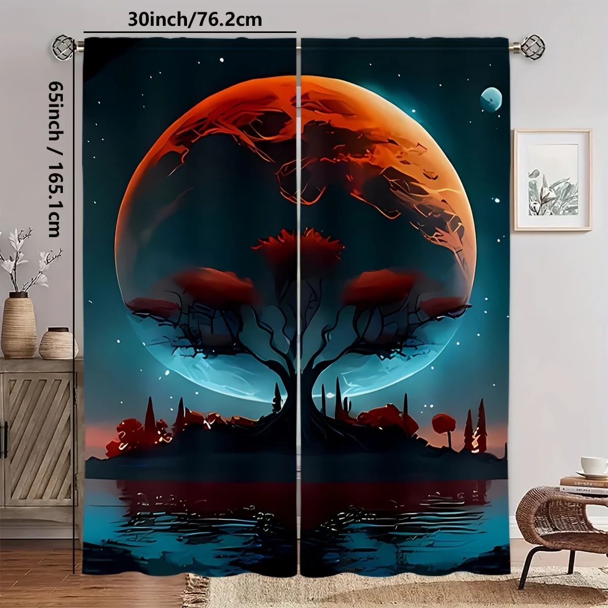طقم مكون من قطعتين ستائر بتصميم شجرة وكوكب - ألياف بوليستر، قابلة للغسل في الغسالة، جيب على شكل قضيب يمكن تعليقه بسهولة - مناسبة جدًا #1