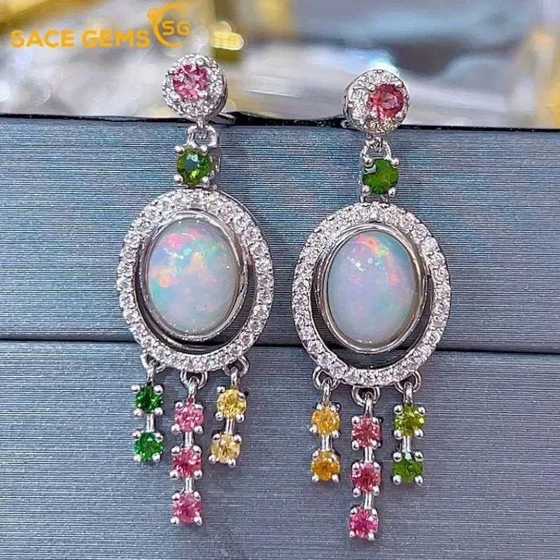 

SACE GEMS Fashion Jewelry Earrings for Women 925 Sterling Silver 6*8MM Natural Opal Stud Earrings Wedding Party Fine Jewelry