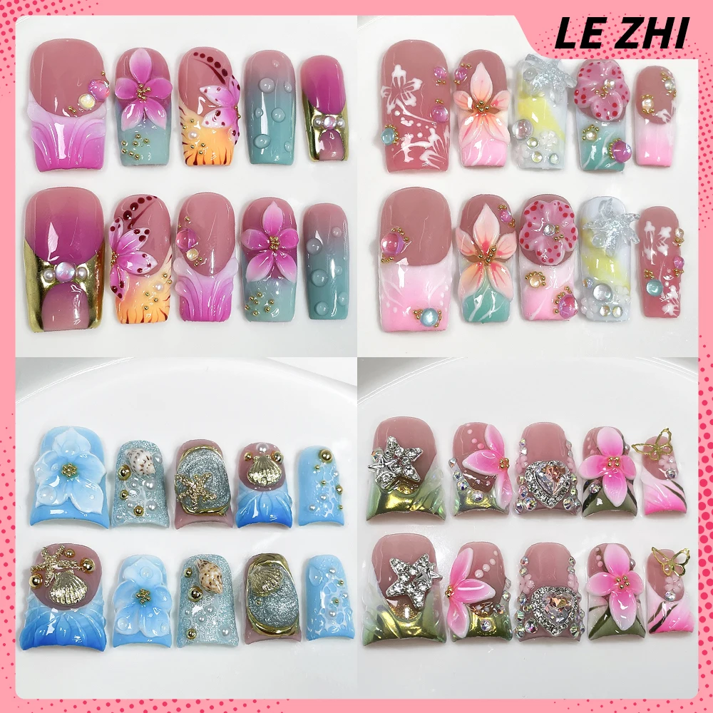 

Spice Girl 3D Flowers Handmade Long Square Stiletto Duckbill French False Nail Butterfly Diamond Pearl Water Drop Press On Nails