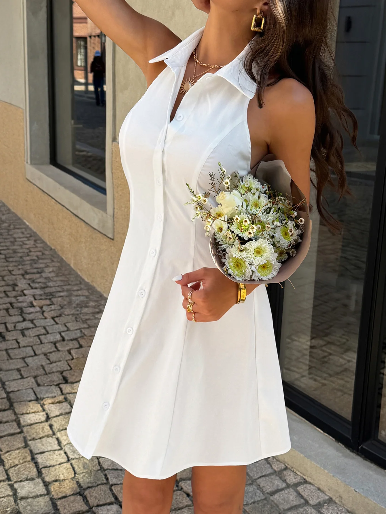 

2026 Spring/summer Classic Elegant Sexy Chiffon Hanging Collar Shirt Dress V-Neck Waist Single Breasted A-Line Skirt
