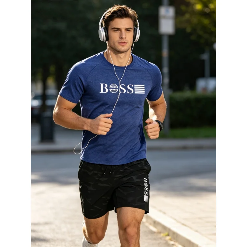 

Summer trendy casual sportswear set, simple printed men's round-neck T-shirt + shorts, cycling, fishing outdoor casual outfit