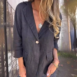 Blazer Casual a bottone singolo primaverile per giacca in lino di cotone a maniche lunghe retrò da donna cappotto con colletto dentellato solido Cardigan superiore