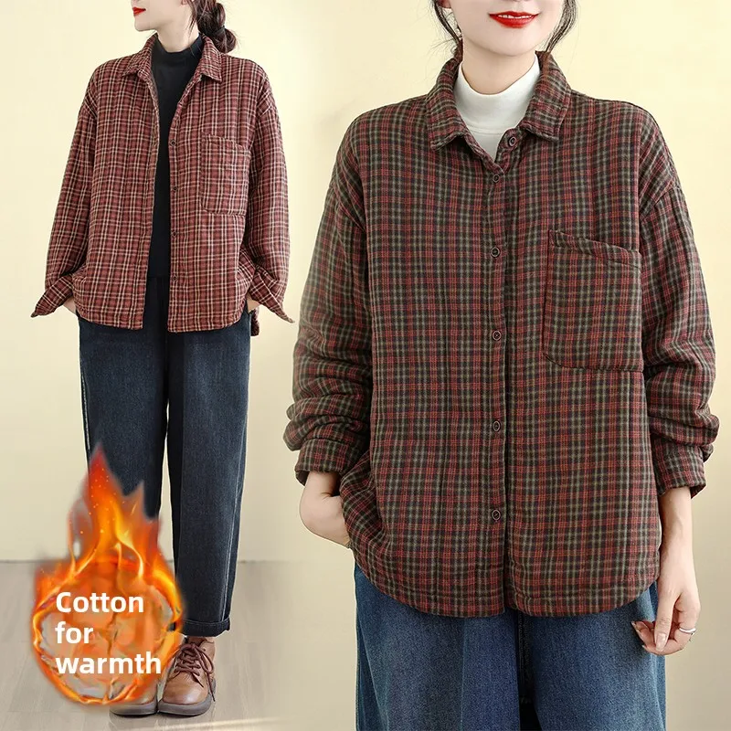 

Warm Plaid Cotton Jaet Women's Casual Collar Single Button Loose Fit Slimming Outerwear Thiened Long Sve Coat