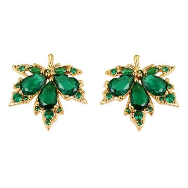 Vintage Rhinestone Red Green Maple Leaf Earrings for Women French Temperament Crystal Tassel Earrings Party Jewelry Bijoux Gift