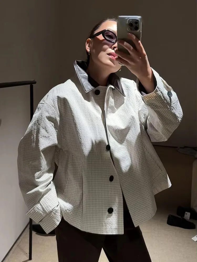 

HH Female Autumn Fashion White Plaid Lapel Single-breasted Long Sleeves Jacket Women Vintage Commuter Causal Short Coats