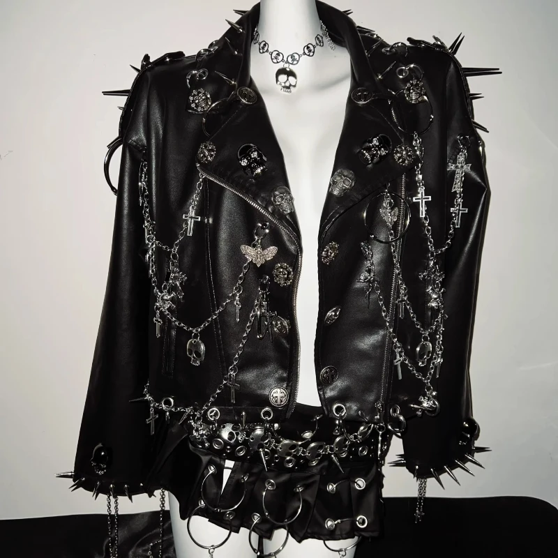 Original Design Punk Rock Sweet Cool Women's Clothing Coat 2025 Autumn New Gothic Heavy Rivet Chain Unisex Black Leather Jacket