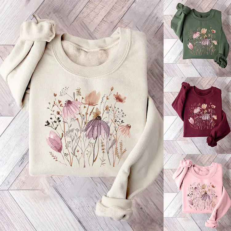 Autumn new women's crew-neck thick warm hoodie watercolor purple flower print loose long-sleeved casual shirt with all fashion p