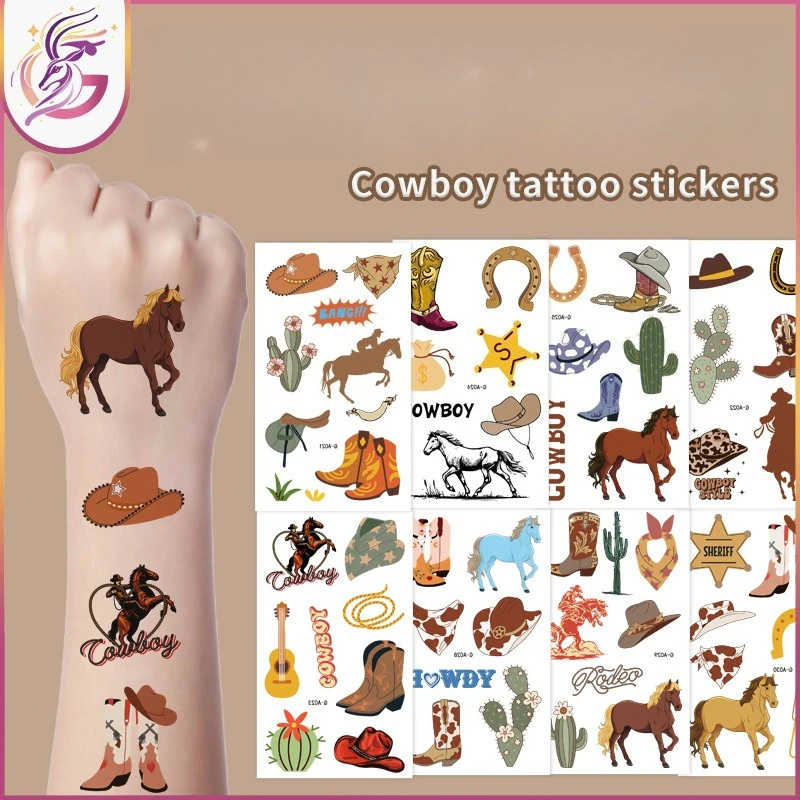 

Ковбойские татуировки для мальчиков, 50 шт., милый мультяшный дикий западный дизайн, забавный водостойкий временный боди-арт для детей, мальчиков, вечерние, нетоксичные