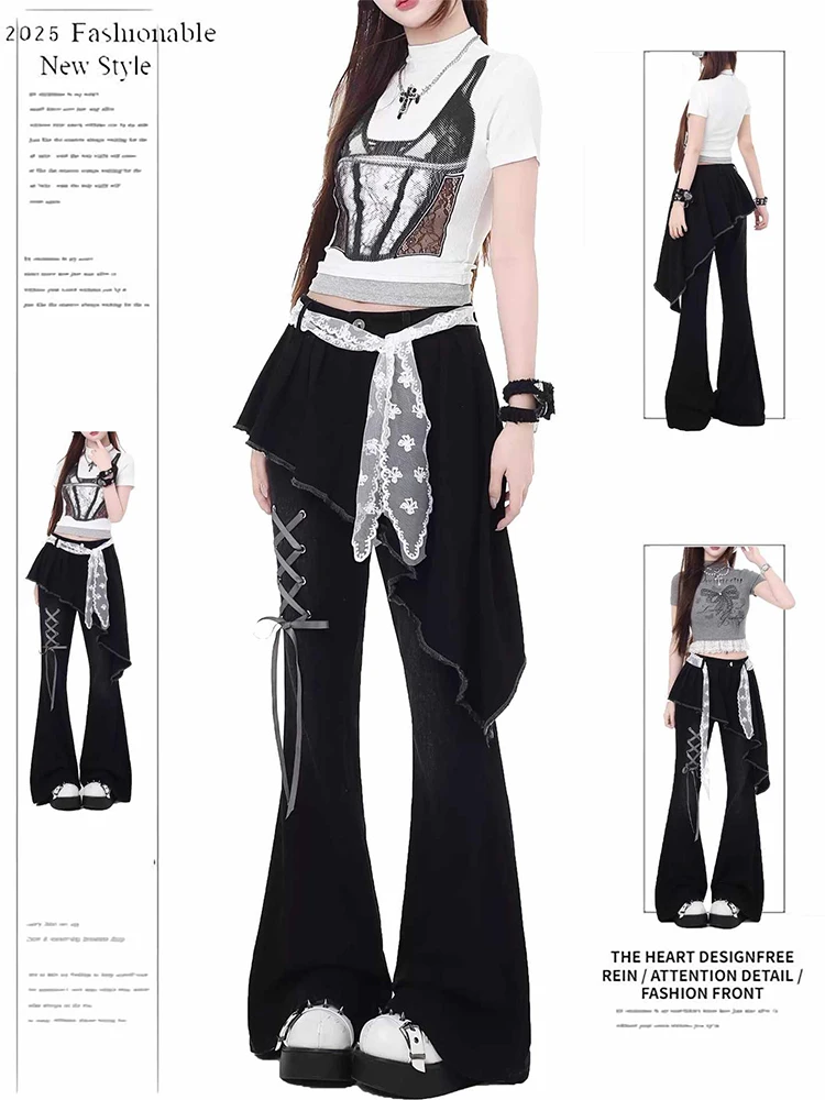 

Женские расклешенные джинсы Abi Y2k с ремешком Bootcut Джинсы Длинные брюки Узкие искусственные дизайнерские джинсовые брюки из двух предметов Goblin Core 2000-х Новинка