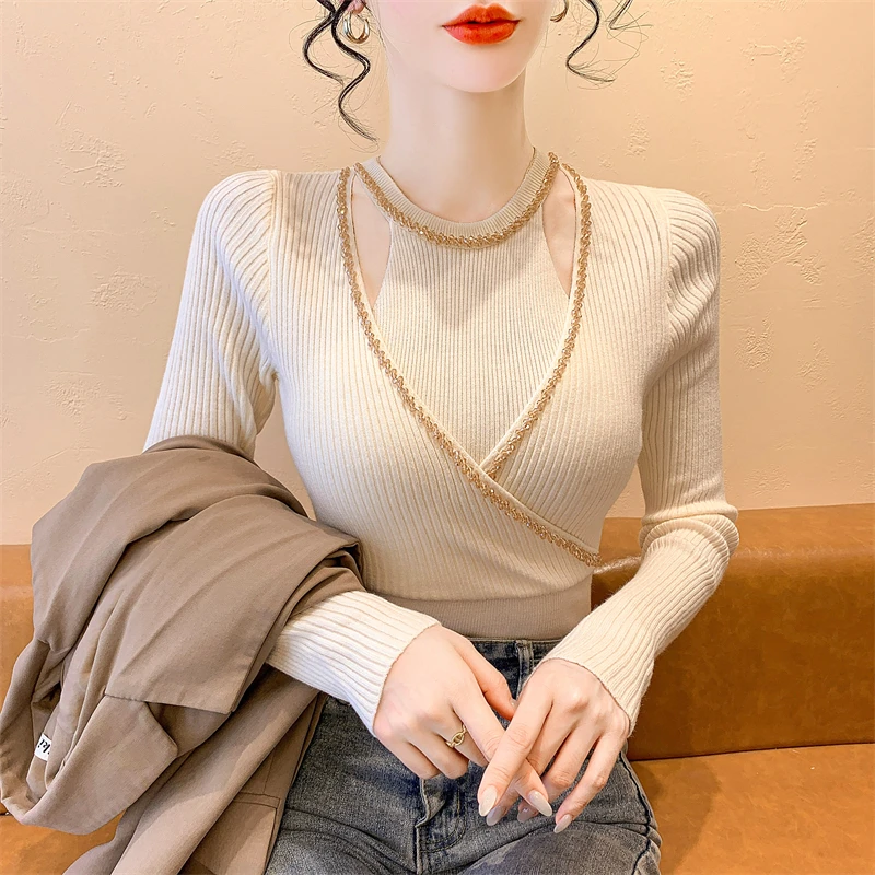 

2025, новинка, европейская, одежда, вязаный, свитер, женский, шикарный, сексуальный, с круглым вырезом, полые, нерегулярные, блестящие, с бисером, с длинным рукавом, тонкие, топы, 51029