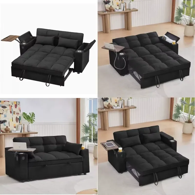 Folding Convertible Sofa Bed Queen Size Pullout Couch Modern Chenille Fabric 360 Swivel Side Table Easy Assembly Living Room