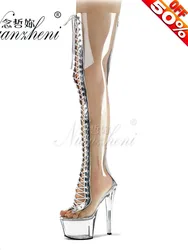 Spogliarellista tacchi trasparenti esotici sopra il ginocchio stivali stringati Open Toe Trend scarpe Sexy 15CM pole dance tacchi 6 pollici piattaforma