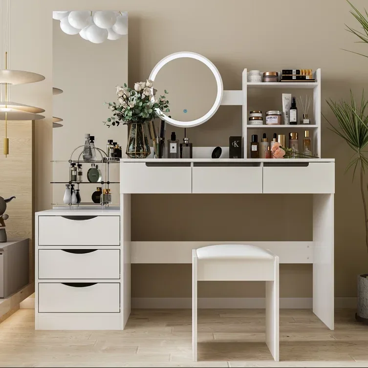 Stylish Dressing Table Cabinet Stunning White Modern Makeup Vanities Desk with LED Light Mirror and Bench